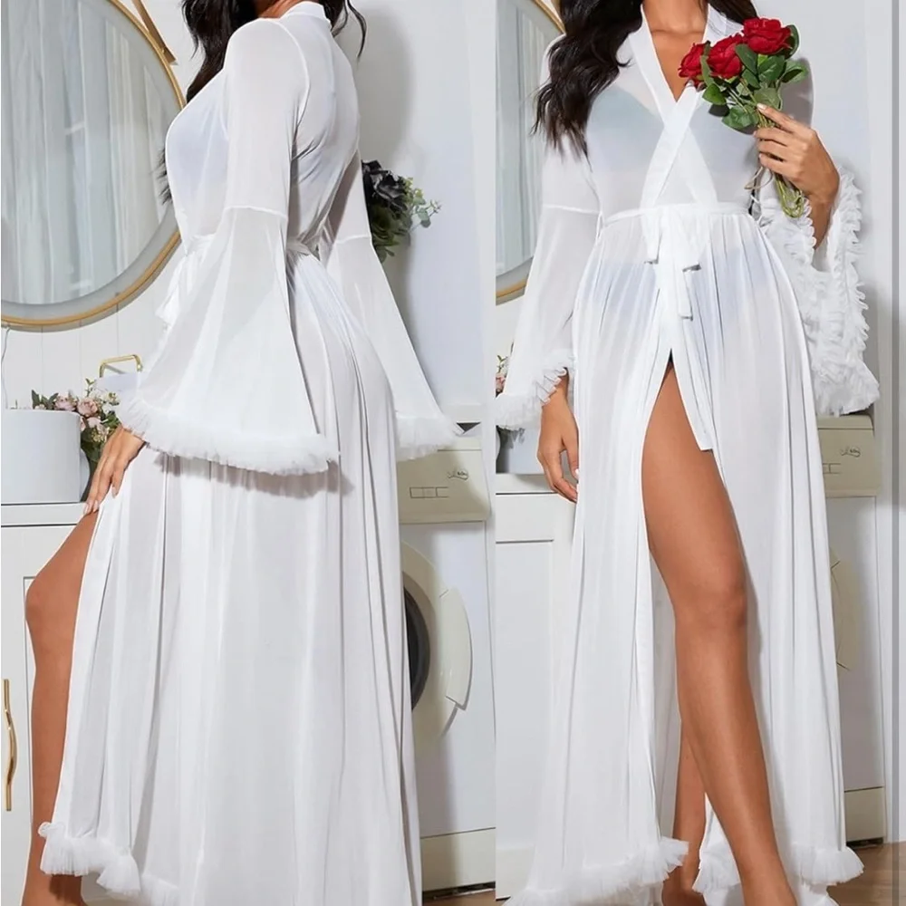 Amazon White Sheer Ruffle Robe - Picture 6 of 7
